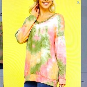 New Blumin olive and pink tie dye v neck tunic